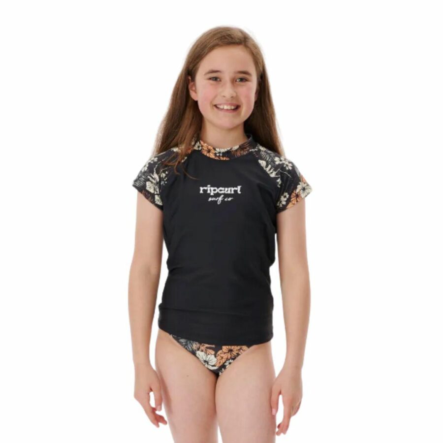 Cosmic Paradise Ss Rash - Girls Rash Shirts And Lycra Tops Colour is Washed Black