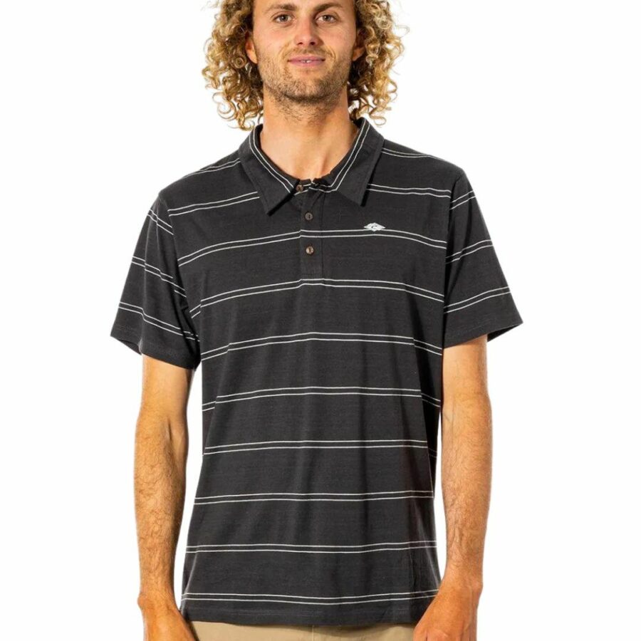 Plain Stripe Polo Mens Tops Colour is Washed Black