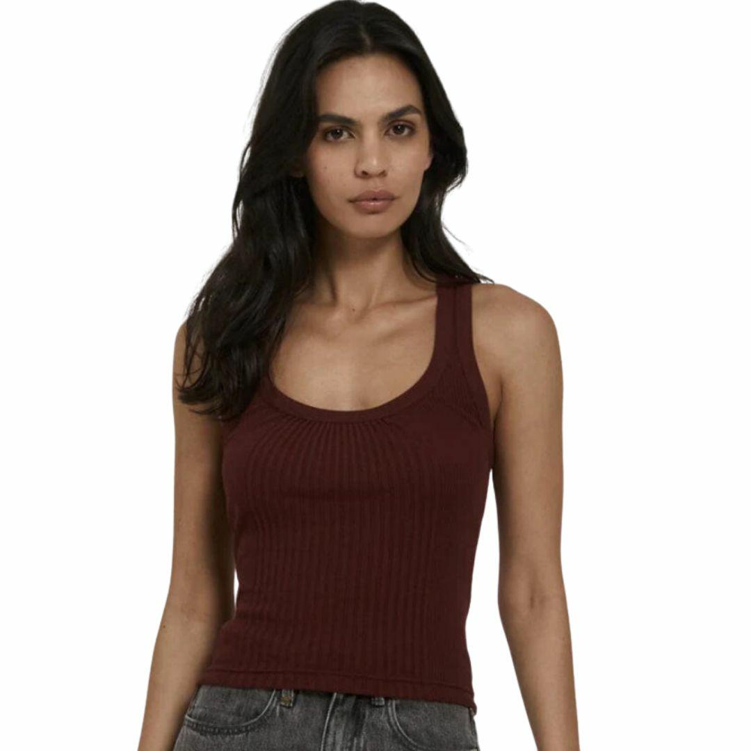 Ribbed Plunge Tank Womens Tanks And Singlets Colour is Ruby