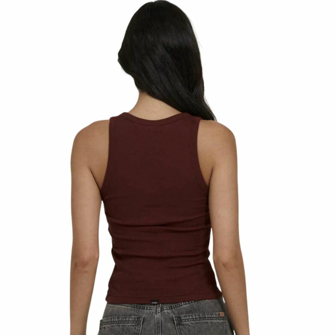 Ribbed Plunge Tank Womens Tanks And Singlets Colour is Ruby