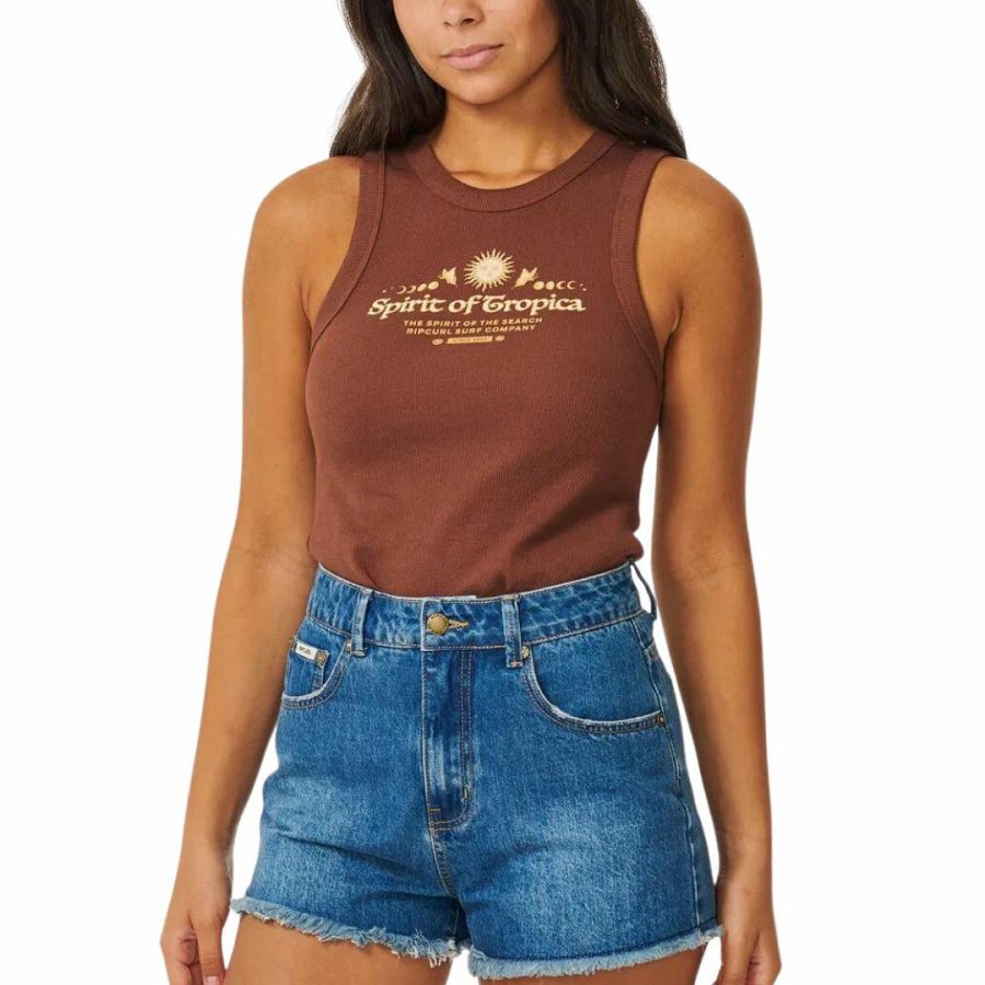 Spirit Ribbed Tank Womens Tee Shirts Colour is Brown